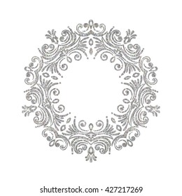 Elegant luxury vintage circle silver floral frame on white background. Refined hand drawn border template for greeting card, postcard, invitation, banner, flyer, poster. Vector illustration.