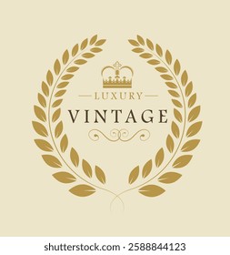 Elegant luxury vintage emblem featuring a golden laurel wreath, a royal crown, and decorative typography on a light background. Concept of premium branding and heritage. Vector illustration