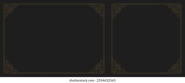 Elegant luxury vintage flourishes golden ornate frame with corner set vector illustration. Classical swirl Victorian filigree scroll ornament calligraphic design border for text decoration emblem