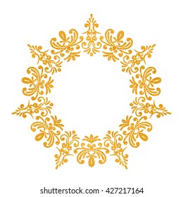 Elegant luxury vintage round gold floral frame on white background. Refined hand drawn border template for greeting card, postcard, invitation, banner, flyer, poster. Vector illustration.