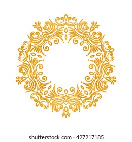 Elegant luxury vintage round gold floral frame on white background. Refined hand drawn border template for greeting card, postcard, invitation, banner, flyer, poster. Vector illustration.