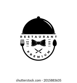 elegant ,luxury, vintage silhouette restaurant logo design vector with bow tie, spoon, table knife and, food cover