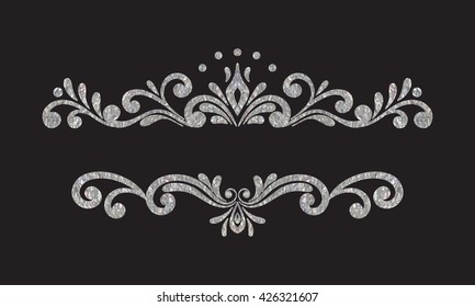 Elegant luxury vintage silver floral hand drawn decorative border or frame on black background. Refined vignette element for banner, invitation, menu, postcard, greeting card. Vector illustration.