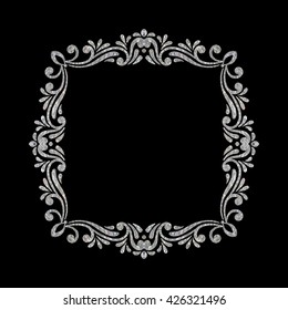 Elegant Luxury Vintage Square Silver Floral Frame On Black Background. Refined Hand Drawn Border Template For Greeting Card, Postcard, Invitation, Banner, Flyer, Poster. Vector Illustration.