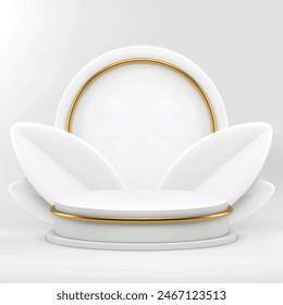 Elegant luxury white 3d podium mock up for cosmetic product show presentation realistic vector illustration. Premium light cylinder pedestal stand with leaves and golden decor circle wall background