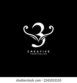 Elegant luxury white number 3 logo design with creative unique ornament. modern 3 icon. suitable for business, company, brand. promotion,boutique,hotel,restaurant,anniversary,birthday,celebration etc