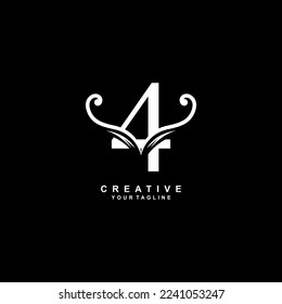 Elegant luxury white number 4 logo design with creative unique ornament. modern 4 icon. suitable for business, company, brand. promotion,boutique,hotel,restaurant,anniversary,birthday,celebration etc