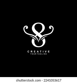 Elegant luxury white number 8 logo design with creative unique ornament. modern 8 icon. suitable for business, company, brand. promotion,boutique,hotel,restaurant,anniversary,birthday,celebration etc