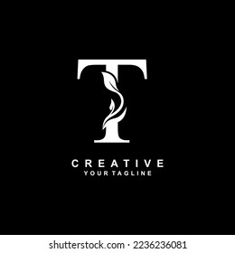 Elegant luxury white T letter logo vector design with leaf and flower decoration. T modern creative initial logo. boutique logo, business, company, wedding, etc