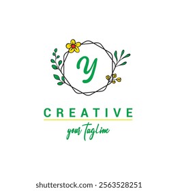 Elegant luxury white Y letter logo vector design with leaf and flower decoration. Y modern creative initial logo. boutique logo, business, company, wedding, etc