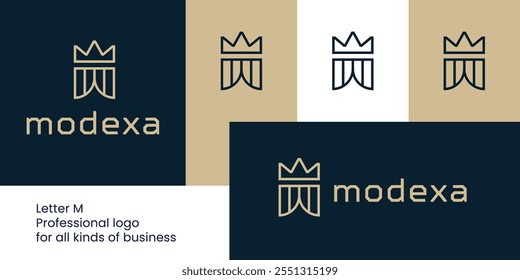 Elegante logotipo M com coroa e forma cortina