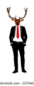 Elegant macho man with deer head over manager face. Confident leader standing. Buck businessman vector illustration. Handsome man in black suite with hands in pockets. Animal face.