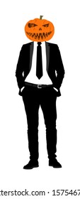 Elegant Macho Man With Pumpkin Head. Halloween Mask Over Manager Face. Confident Leader Standing. Businessman Spooky Evil Smile Vector Illustration. Handsome Man In Black Suite With Hands In Pockets.