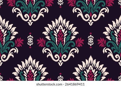 Elegant magenta and green ikat floral embroidery pattern with damask details, traditional ethnic seamless design illustration for fabric, clothing, texture, and decorative textile decoration.