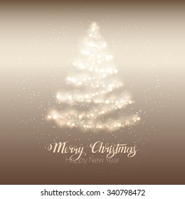 Elegant magic shining Christmas tree on gold background. Festive design template for card, greeting, invitation, wallpaper, web design