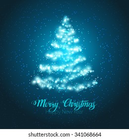 Elegant magic shining Christmas tree on blue background. Festive design template for card, greeting, invitation, wallpaper, web design