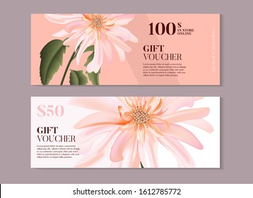 Elegant magnolia flower gift voucher template in vector. Hand-drawn business concept for banner, beauty salon, spa, handmade products, eco packaging design.