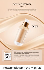 Elegant Makeup Product Bottle with Liquid Foundation Poster Template, Vector Illustration