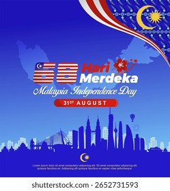 Elegant Malaysia 68 years Independence Day 2025 vector illustration design. Malaysia batik pattern, 68th logo and Kuala Lumpur landmarks. Best for Hari Merdeka celebration greeting, poster and banner