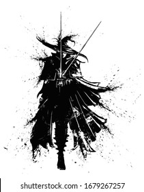 An elegant male duelist with two swords walks gracefully forward, he is dressed in a cloak, he has a pointed hat on his head. His clothes flutter in the wind. It was drawn in blotches and smears. 2D 
