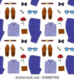 Elegant male fashion pattern, suit uniform with neatly folded jacket, trousers, shirt, tie, cufflinks, wallet, wrist watch, briefcase, glasses and shoes. Vector pattern.