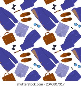 Elegant male fashion pattern, suit uniform with neatly folded jacket, trousers, shirt, tie, cufflinks, wallet, wrist watch, briefcase, glasses and shoes. Vector pattern.