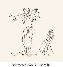 Elegant male golfer in mid-swing with golf bag nearby in doodle style. Ideal design element for sports publications, web graphics, infographics or event posters.