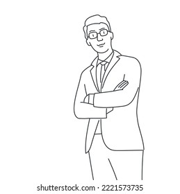Elegant man in business suit with tie. Hand drawn vector illustration. Black and white.