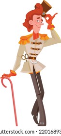 Elegant man with a cane. On the head is a hat. White jacket and red gloves.