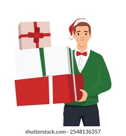 Elegant man carrying many Christmas gifts in his hands wearing santa hat. Flat vector illustration isolated on white background