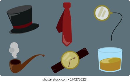 elegant man classic style gentleman clothing top hat watch tie pipe and 
whiskey set icons vector