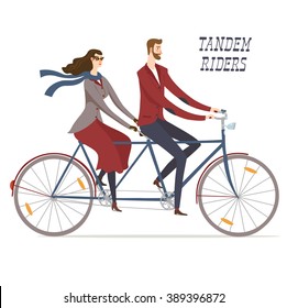 Elegant Man Cyclist And Lady Cyclist On Vintage Tandem Bicycle. Colorful Editable Vector Illustration For Your Design. 