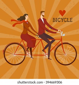 Elegant man cyclist and lady cyclist on vintage tandem bicycle. Colorful editable vector illustration with retro background for your design. 
