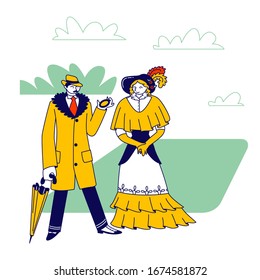 Elegant Man Dandy and Woman of Victorian Era. Gentleman in Frock Coat and Hat Look in Pocket Clock Hold Umbrella in Hand Lady in Long Dress. Old Fashioned Characters. Linear People Vector Illustration