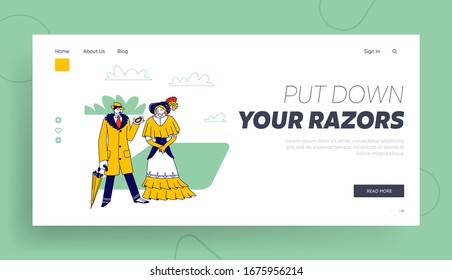 Elegant Man Dandy and Woman of Victorian Era Landing Page Template. Gentleman in Frock Coat and Hat Look in Pocket Clock Lady in Long Dress. Old Fashioned People Characters. Linear Vector Illustration