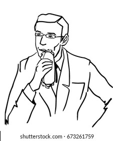 elegant man with eyeglasses eating sandwich, vector sketch in cartoon style, black and white simple drawing. The 7 from set of 8 drawings same style.