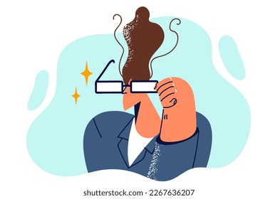 Elegant man hides eyes behind glasses, wanting to look more brutal or get away from obsessive attention. Man in jacket being politician or silver puts on glasses, for concept of well-being 