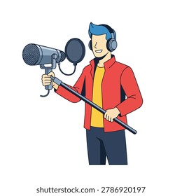 A elegant man holding a large professional condenser microphone on a boom pole. He wears large headphones, a Jacket Red over a Shirt Yellow, and Pants Dark Blue. Flat vector mascot design 