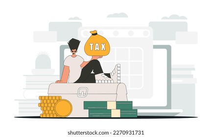 An elegant man holds a bag of taxes in his hand. An illustration demonstrating the correct payment of taxes.