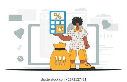 An elegant man holds a calculator in his hand Illustration demonstrating the correct payment of taxes.
