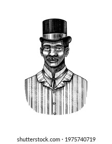 Elegant man. Male face. Afro american gentlemen in cylinder hat. Victorian era. Fashion and clothes. Businessman in suit. Hand drawn Old sketch. Vintage engraved illustration. 