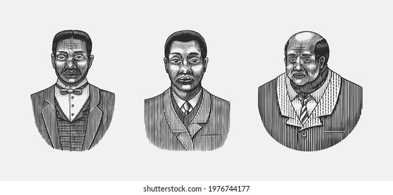 Elegant man. Male face. Afro american gentlemen. Victorian era. Fashion and clothes. Businessman in suit. Hand drawn Old sketch. Vintage engraved illustration. 