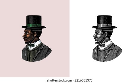 Hombre elegante. Cara masculina. Caballeros afroamericanos con sombrero de cilindro. Era victoriana. Moda y ropa. Empresario con traje. Dibujo a mano Viejo boceto. Ilustración grabada de época. 