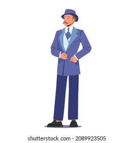 Elegante hombre del siglo XIX. Caballero victoriano inglés con traje de sombrero y vintage. Personaje histórico masculino aristócrata aislado de fondo blanco. Ilustración del vector de dibujos animados.