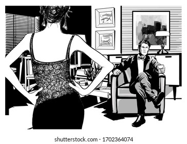 Elegant man on an armchair drinking and woman in dress - vector illustration