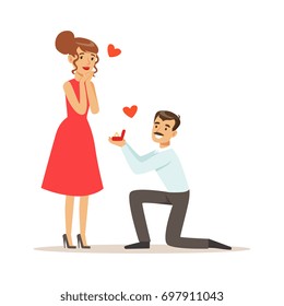 Elegant man proposing marriage to beautiful woman getting up on his knee colorful characters vector Illustration