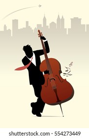 Elegant man silhouette playing double bass. Skyline city background. Plane on the sky. Vector illustration.