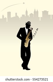 Elegant man silhouette playing saxophone. Skyline city background. Plane on the sky. Vector illustration.