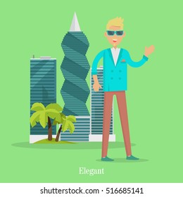 Elegant man standing near skyscrapers in tropical country. Rich blond man in sunglasses in front of urban fashionable buildings. Successful businessman on rest. Young person in stylish apparel. Vector