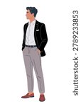 Elegant man stands with relaxed posture. He wears tailored suit and casual shoes. His gaze looks forward with calm confidence. Suit jacket and trousers show modern style